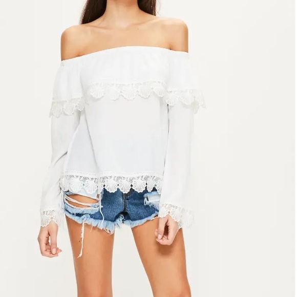 Missguided Tops - Missguided | Ruffle Bardot Top w/Scallop Lace Trim